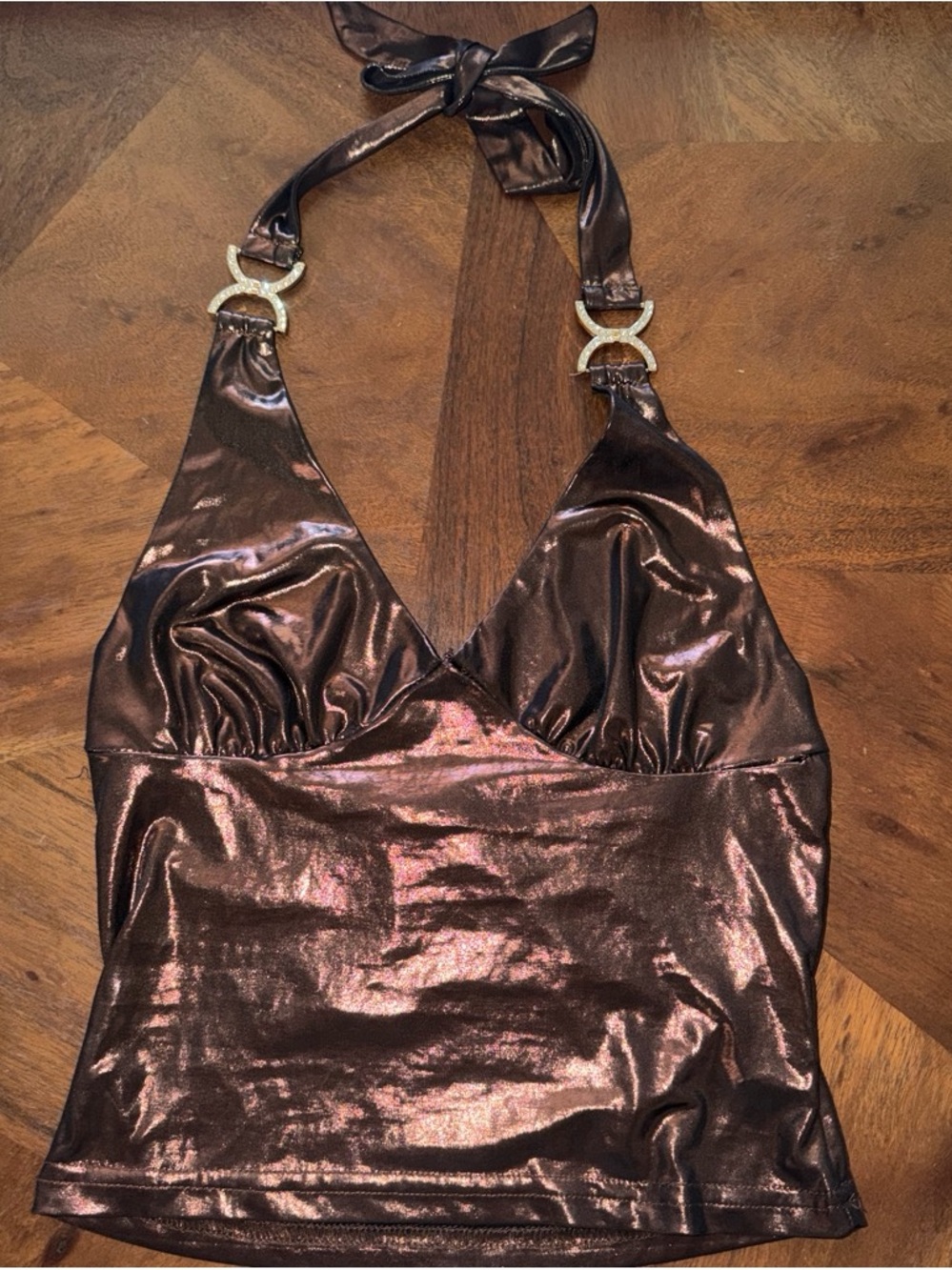 Rowme Y2K Metallic Brown Halter Top S